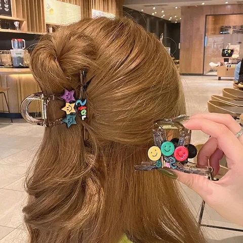 Große Haarklammern Für Frauen Transparente Bernsteinfarbene Kunststoff Harz Haarkralle Bunte Smile Star Dekoration Süßes Accessoire