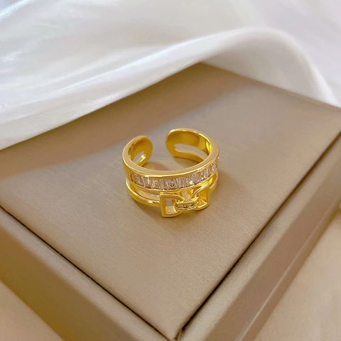 Bowknot Adjustable Open Ring Brass Gold Plated Double Layer Cubic Zirconia Elegant Jewelry For Women