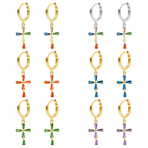 Kreuz Hoop Ohrringe Mit Bunten Zirkonia Eingelegt Kupfer Hängeohrringe Mit 925 Sterling Silber Ohrstecker Für Damen