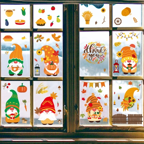 Adhesivos de Ventana de Otoño Gnomos de Acción de Gracias Calabazas Hojas de Arce Guirnalda Thank You Calcomanías de PVC Estático