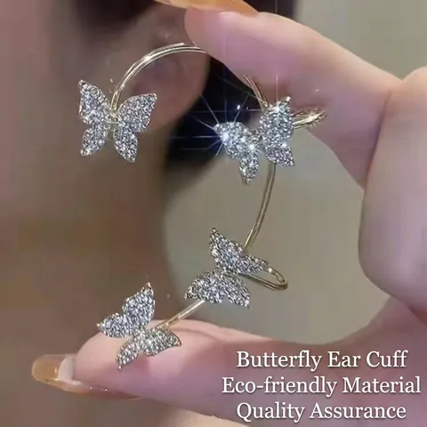 Butterfly Ear Cuff Rhinestone Copper Wrap Around Earrings Non Piercing Elegant Fashion Jewelry For Women
