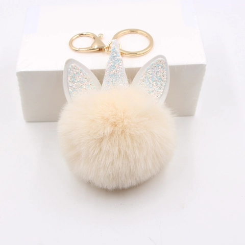 Schattige Eenhoorn Kunstbont Pompon Sleutelhanger Voor Vrouwen Glitter Eenhoorn Hoorn Pluche Bal Tas Charm Sleutelring Cadeau