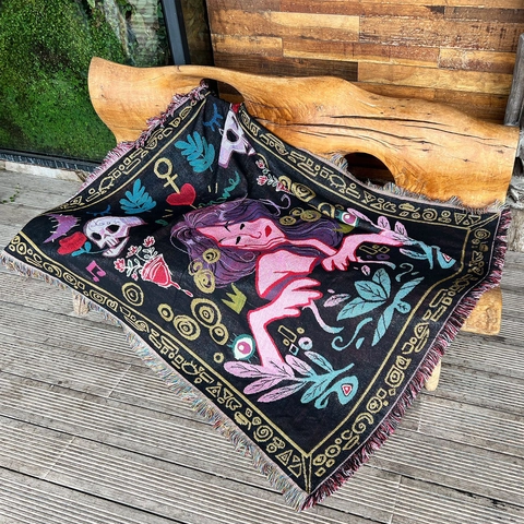 Coperta Intrecciata Bohémien Misto Cotone Jacquard Femme Illustrazione Arazzo Artistico Con Frange Colorate Per Divano Camping