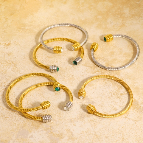 Stainless Steel Twisted Cable Open Cuff Bracelet 18K Gold Plated Bangle With Gemstone Inlay Waterproof Hypoallergenic Women