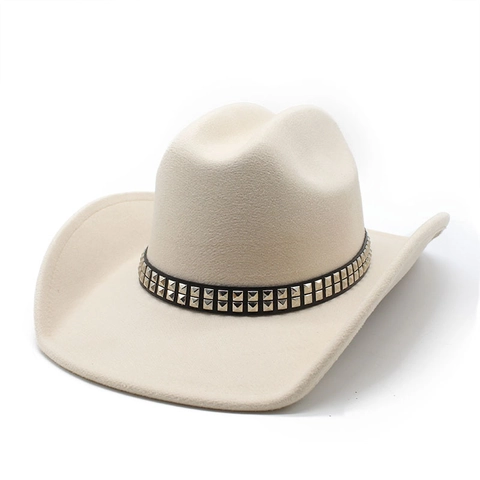 Western Cowboy Hat Wool Felt Wide Brim Double Row Square Rivets Belt Retro Jazz Fedora For Men Women