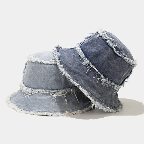 Washed Denim Cotton Frayed Edges Reversible Bucket Hat Sun Protection British Retro Streetwear Accessory For Women