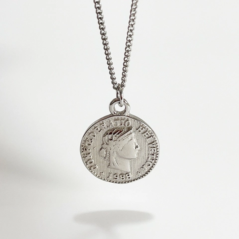 925 Sterling Silber Vintage Runde Münze Anhänger Halskette Für Frauen Einfach Retro Porträt Geprägt Weißgold Plattiert