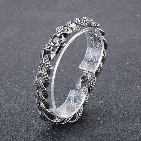 Bracciale Cubano Uomo Retrò Acciaio Inossidabile Texture Martellata Nido Ape Punk Fibbia Incisa Gioielli Polso