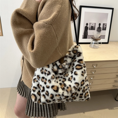 Leopard Print Kunstpelz Shopper Tasche Große Kapazität Plüsch Schultertasche Weich Warm Herbst Winter Mode Für Damen