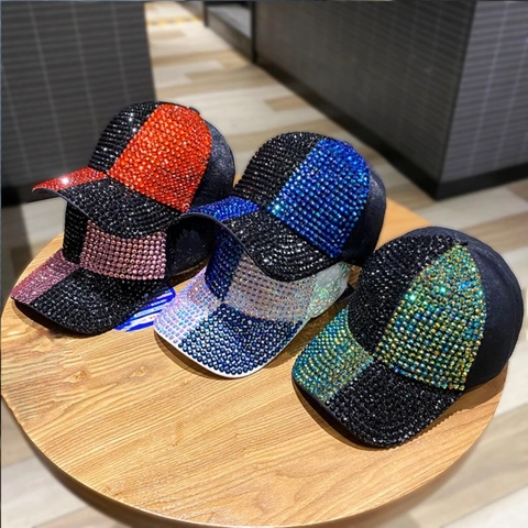 Berretto da Baseball di Lusso con Strass per Donna Colore Spliced Cristallo Scintillante Protezione Solare Cotone Regolabile Cappello di Moda