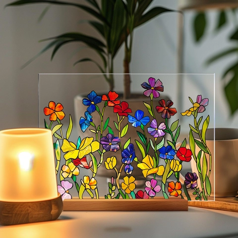 Adorno Escritorio Floral Vidriera Falsa Arte Flor Acrílico Con Base Madera Decoración Oficina Hogar Moderno
