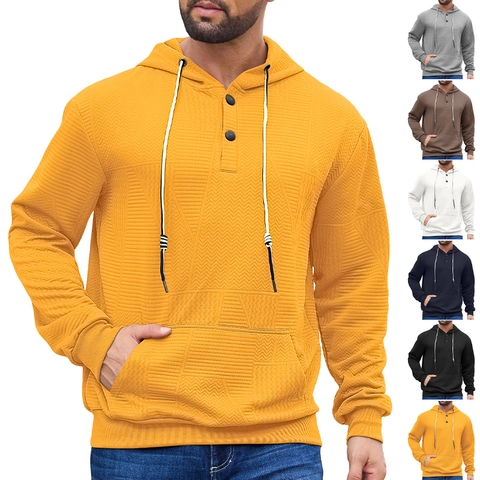 Men Hooded Sweatshirt Textured Jacquard Knit Button Placket Casual Loose Pullover Sporty Top