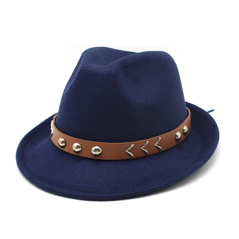 Wool Felt Fedora Hat Vintage Jazz Cap With Riveted Belt And V Metal Buckle For Men Women Retro Western Style