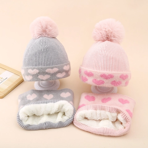 Kids Knit Hat And Scarf Heart Jacquard Acrylic Fleece Lined Pom Pom Winter Warm Thermal For Girls