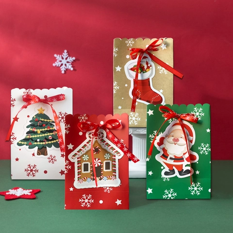 Sacchetti Regalo Di Natale Carta Con Fiocco Di Nastro Rosso Stampa Fiocco Di Neve Bomboniere Dolcetti Confezione Di Cartone