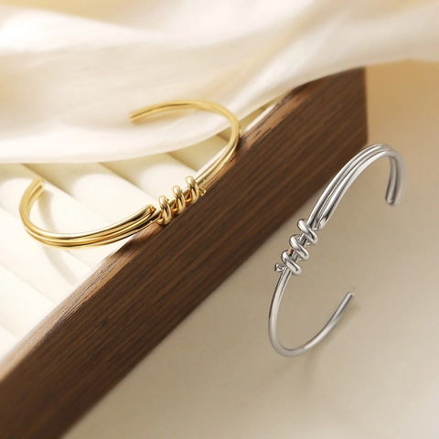 Stainless Steel Knot Bangle For Women 18K Gold Plated Twisted Line Open Adjustable C Shape Cuff Bracelet INS Style Jewelry