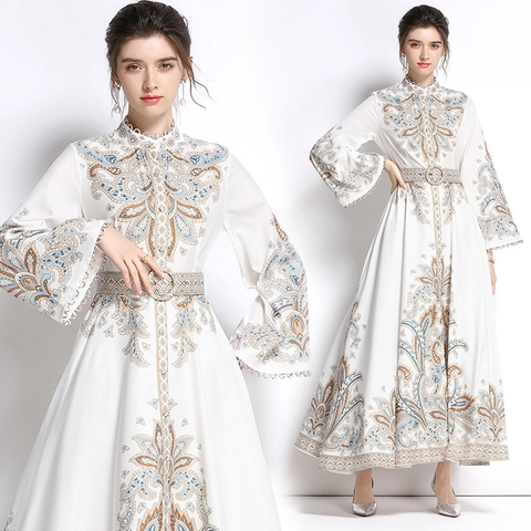 Retro Paisley Print Maxi Dress Elegant Stand Collar Long Flare Sleeve With Belt For Women Polyester