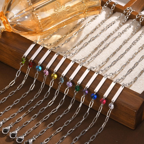 Minimalistisches Edelstahl Büroklammer Kette Armband Mit Farbigem Zirkonia Gravierbare Rechteckige Platte Verstellbarer Damenschmuck
