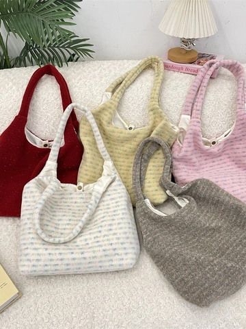 Sac Fourre-Tout En Peluche Grande Capacité Automne Hiver Rayé Coloré À Pois Sac À Main Épaule Pour Femmes Décontracté