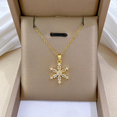Collier Pendentif Flocon De Neige Chaîne En Acier Inoxydable Cuivre Zirconium Plaqué Or Bijoux Femmes