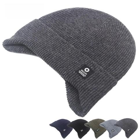Bonnet en Tricot Chaud d'Hiver pour Hommes Avec Cache-oreilles Doublé Polaire Mélange de Laine Couleur Unie Extérieur