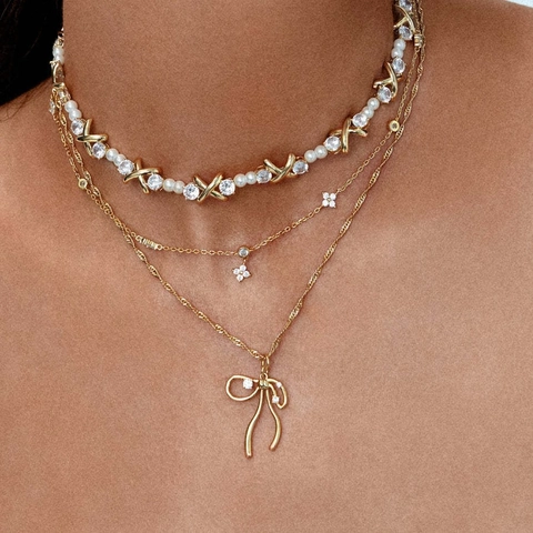 Collier Pendentif Nœud Papillon Et Boucles Oreilles Style Espagnol Cuivre Plaqué Or Avec Zircon Bijoux Délicats