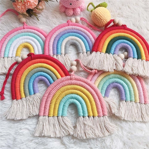 Handmade Woven Rainbow Wall Hanging Ornament Cotton Rope Wood Beads Tassel Nordic Boho Style Nursery Room Decor