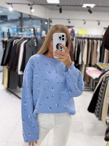 Women Floral Knit Pullover Sweater Round Neck Long Sleeve Loose Fit Cotton Blend Casual Fashion Jumper Top