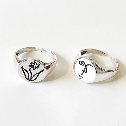925 Sterling Silber Ring Vintage Graviert Blume Abstrakt Gesicht Minimalistisch Verstellbar Siegelring Schmuck Für Damen