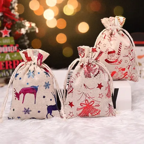 Christmas Drawstring Gift Bags Cotton Linen Burlap Bronzing Reindeer Snowflake Candy Pouch Holiday Party Packaging Decor