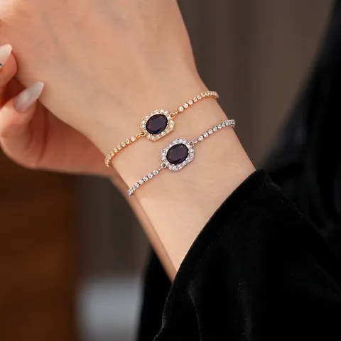 Adjustable Bracelet Copper Zircon Oval Purple Stone Tennis Chain Sliding Buckle Fashion Jewelry For Women