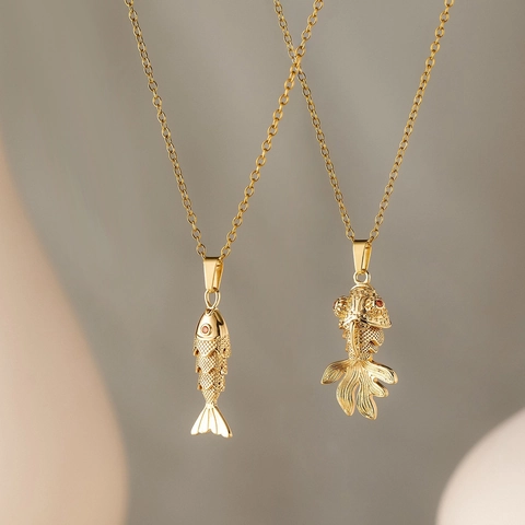 Fashion Ocean Resort Style Champagne Gold Fish Pendant Necklace Copper Goldfish Carp Animal Clavicle Chain Jewelry For Women
