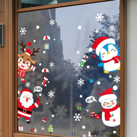 Pegatinas Ventana Navidad Estáticas PVC Papá Noel Reno Muñeco De Nieve Copos De Nieve Decoración Vidrio Vacaciones