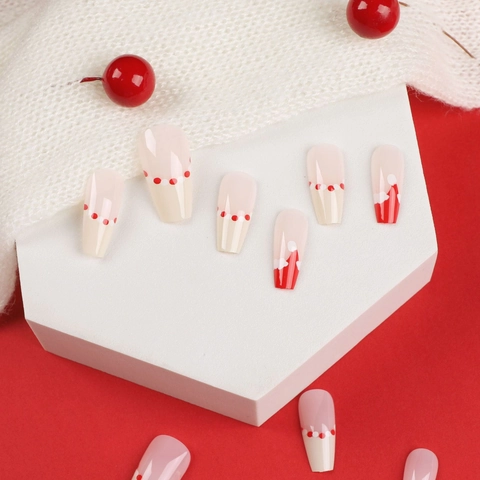 Uñas Postizas Press On Largo Ataúd Navidad Rojo Blanco French Tips Gorro Papá Noel Lunares Festivo Para Mujeres