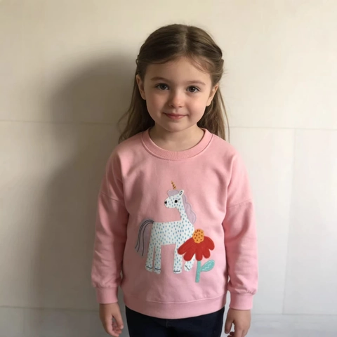 Mädchen Rosa Langarm Sweatshirt Gekämmte Baumwolle Rundhalsausschnitt Einhorn Applikation Blumen Stickerei Tops