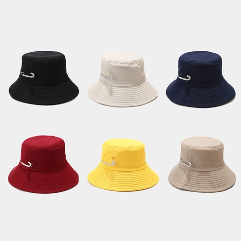 Wide Brim Bucket Hat Cotton Canvas Sun Protection Foldable Chic Rhinestone Safety Pin Decor For Women Men