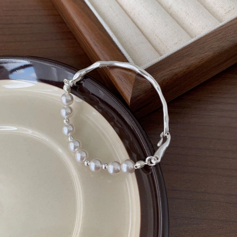 Bracciale Di Künstliche Perle In Argento Sterling 925 Con Barra Di Metallo Geometrica Irregolare Gioielli Eleganti Minimalisti Per Donna