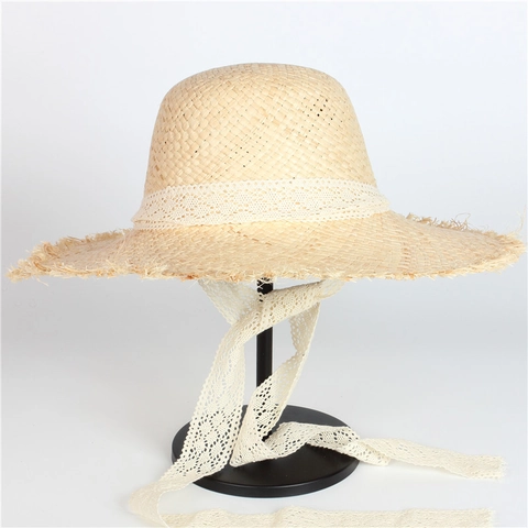 Handmade Raffia Straw Wide Brim Hat With Lace Ribbon Tie Frayed Edge Summer Beach Sunshade For Women