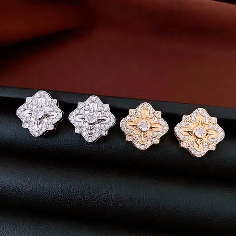 Quatrefoil Stud Earrings Zircon Copper Rhombus Flower With Silver Earring Post Vintage Luxury Jewelry For Women