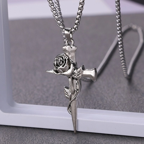 Vintage Gotik Rose Kreuz Anhänger Halskette Edelstahl Antik Silber Schmuck Für Damen Herren Retro Punk Stil Accessoire