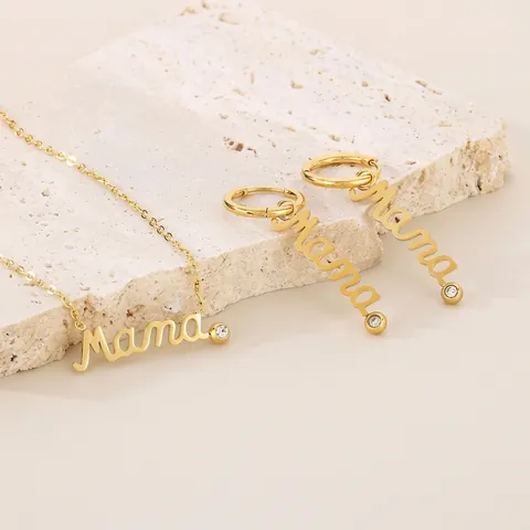 Collar Y Pendientes Letra Mama Acero Inoxidable Estrás Regalo Día De La Madre Joyas Para Mujer