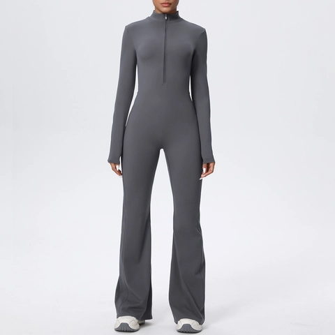Damen Langarm Yoga Jumpsuit Reißverschluss Stehkragen Schlaghose Sportanzug Slim Fit Fitness Catsuit