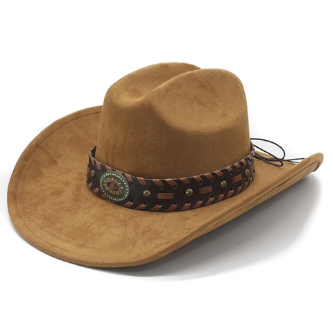 Westerse Cowboyhoed Suède Polyester Vilt Brede Rand Gevlochten Leren Band Turquoise Klinknagels Decor Retro Etnische Stijl