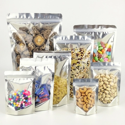 Buste Stand Up Con Chiusura Lampo In Alluminio E Plastica Trasparente Richiudibili Antiodore Conservazione Alimenti