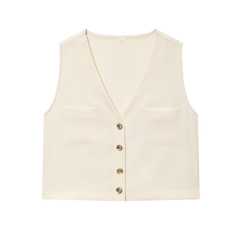 Chic Women V Neck Sleeveless Vest Top And Midi Skirt With Belt Golden Buttons Solid Polyester Minimalist Streetwear
