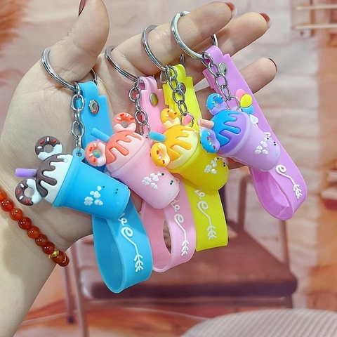 Cute Milk Tea Cup Ice Cream Keychain Silicone Wristband Donut Bag Pendant Cartoon Kawaii Gift For Women Girls