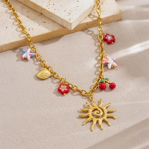 Roestvrij Stalen Vergulde Charm Ketting Zomer Strand Zon Kers Zeester Bloem Schelp Hangers Voor Dames