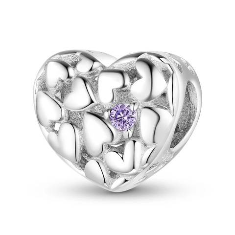 S925 Sterling Silver Purple Zirconia Heart Bead Charm Hollow Out Embossed Heart DIY Jewelry Accessory For Women Bracelet