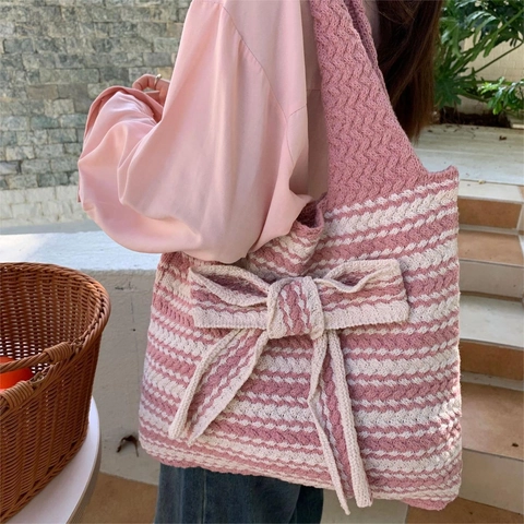 Gestreifte Gestrickte Tragetasche Gewebte Handtasche Mit Großer Schleife Große Kapazität Lässige Umhängetasche Damen