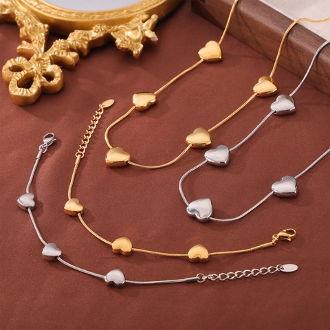 Collar Y Pulsera Con Colgante De Corazón Minimalista Joyas De Acero De Titanio Cadena De Serpiente Accesorios Elegantes Mujer